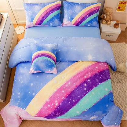 Aqua Blue Full Size Kids Comforter Sets for Girls, 6Pcs Colorful Rainbow Gradient Bedding Set, 3D Glitter Galaxy Bed in A Bag with Comforter, Sheets and Pillowcases for Teens - LeafyLoom