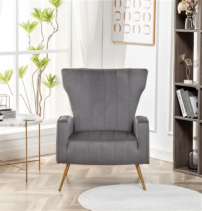 Armchair Modern Velvet Accent Chair, Channel Tufted Bedroom, Office or Living Room Furniture with Elegant Metal Legs, Grey - LeafyLoom