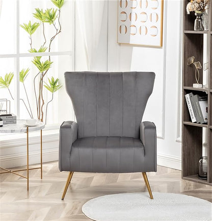 Armchair Modern Velvet Accent Chair, Channel Tufted Bedroom, Office or Living Room Furniture with Elegant Metal Legs, Grey - LeafyLoom