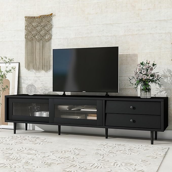 NicBex TV Stand for 75 Inch TV Modern TV Media Console Table with Sliding Fluted Glass Doors,Entertainment Center with Storage for Living Room,70.86 Inch,Black - LeafyLoom