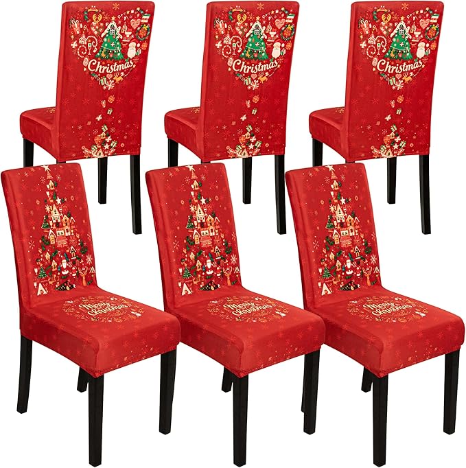 6PCS Christmas Dining Chair Covers, Stretch Removable Washable Dining Room Chair Protector Slipcovers, Xmas Tree Heart Kitchen Chair Cover, Slipcover Protector for Xmas Holiday Party Home Décor CZL