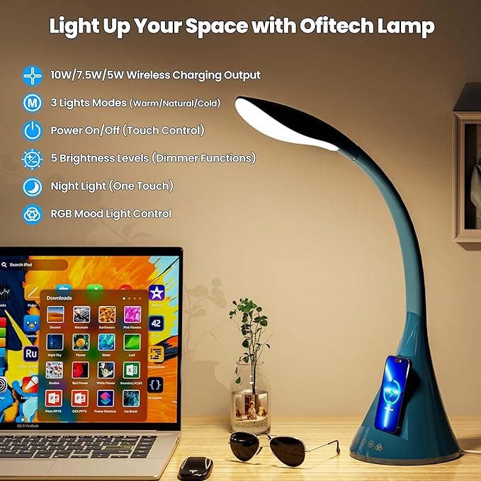 Modern Heavy Duty Bright LED Desk Lamp for Home Office, Wireless Charging, Touch Table Lamp, Adjustable Neck & Height, 5 Brightness Level, 3 Light Temps, 56 LEDs & 4 Years Lifespan (Gray) - LeafyLoom