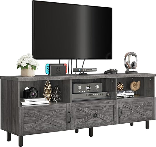 YITAHOME Mid-Century TV Stand for 70/65/60/55 inch, Boho Wood TV Table Farmhouse Media Console with Storage Cabinet and Open Shelves for Living Room, Bedroom, 65 inch, Grey - LeafyLoom