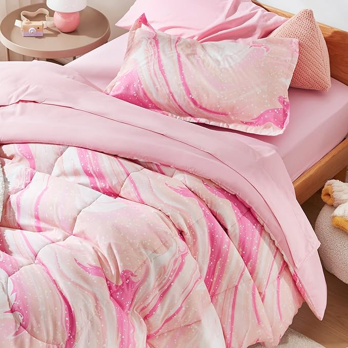 SLEEP ZONE Kids Bedding Comforter Set Full/Queen Size - 7 Pieces Super Cute & Soft Bedding Sets & Collections with Comforter, Sheet, Pillowcase & Sham - Fade Resistant Easy Care (Ice Cream Pink) - LeafyLoom