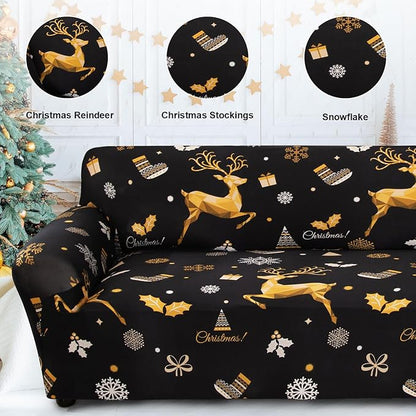 Mybedsoul Christmas Printed Black Sofa Cover Reindeer Printed Elastic Couch Cover Machine Washable Christmas Theme Red Sofa Slipcover for Living Room(2 Seater/Loveseat) Mybedsoul