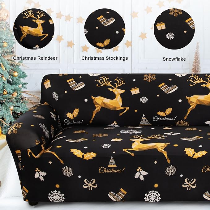 Mybedsoul Christmas Printed Black Sofa Cover Reindeer Printed Elastic Couch Cover Machine Washable Christmas Theme Red Sofa Slipcover for Living Room(3 Seater/Loveseat) Mybedsoul