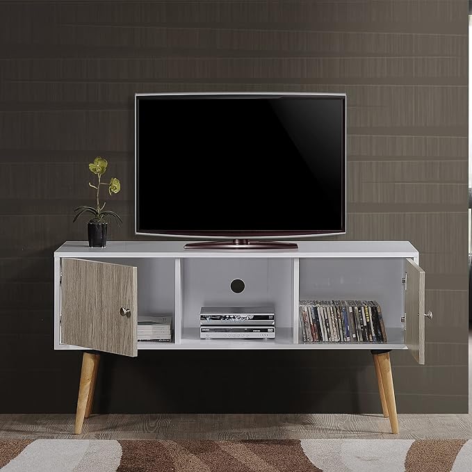 Hodedah Retro Style TV Stand with Two Storage Doors, and Solid Wood Legs, White - LeafyLoom