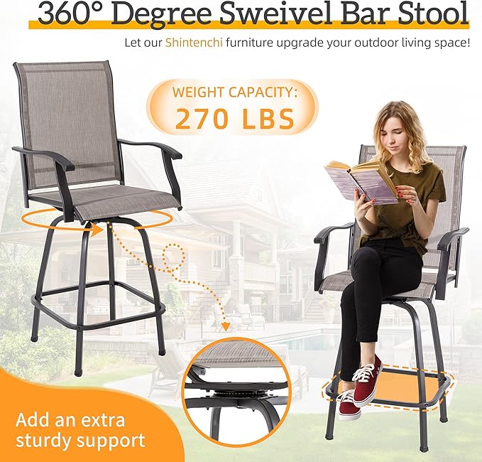 Shintenchi 5 Pieces Outdoor Swivel Bar Set, All Weather Textile Fabric Patio High Bar Stool Bistro Set with 4 Height Back Bar Chairs and Glass Table for Home, Backyard, Garden, Lawn, Porch - LeafyLoom