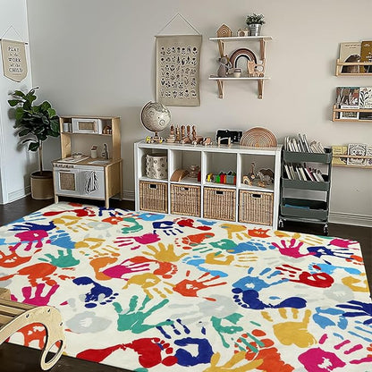 Large Kids Rug for Playroom, 8'x10' Handprints and Footprints Colorful Rug for Classroom, Non-Slip Washable Rug for Nursery, Soft Throw Carpet Indoor Playmat for Kids Room Dorm Bedroom - LeafyLoom