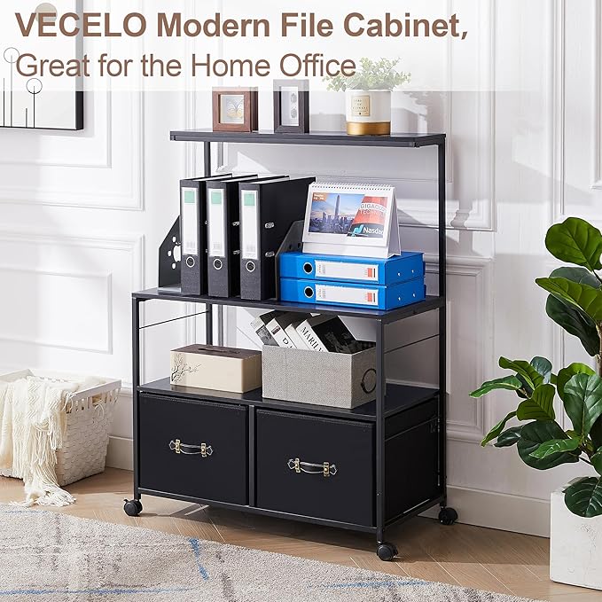 VECELO Mobile Lateral File Cabinet Rolling Printer Stand with 3 Open Storage Shelf, Ideal for Letter Size Folders, with Lockable Casters, Strong Steel Frame, Perfect for Office, Black, 2 Drawer - LeafyLoom