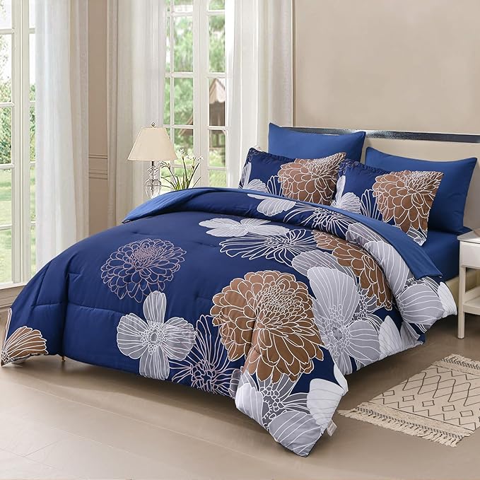 Yiran Navy Brown Comforter Set Queen Bed in a Bag 7 Pieces Floral Soft Microfiber Comforter Bedding Sets Bed Set with Comforter, Sheets, Pillowcases & Shams 90"×90" - LeafyLoom