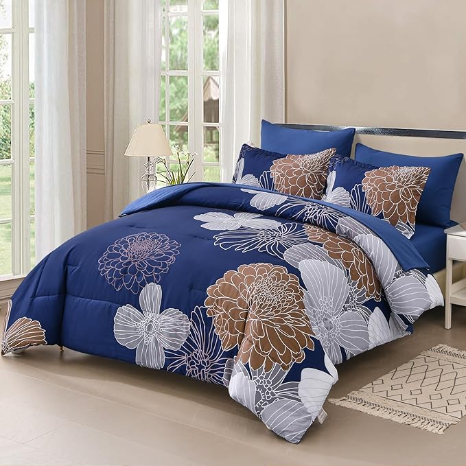 Yiran 7 Pieces Floral Comforter Bedding Sets Bed in a Bag Navy Brown Soft Microfiber Comforter Set with Comforter, Sheets, Pillowcases & Shams King Size 103"×90" - LeafyLoom