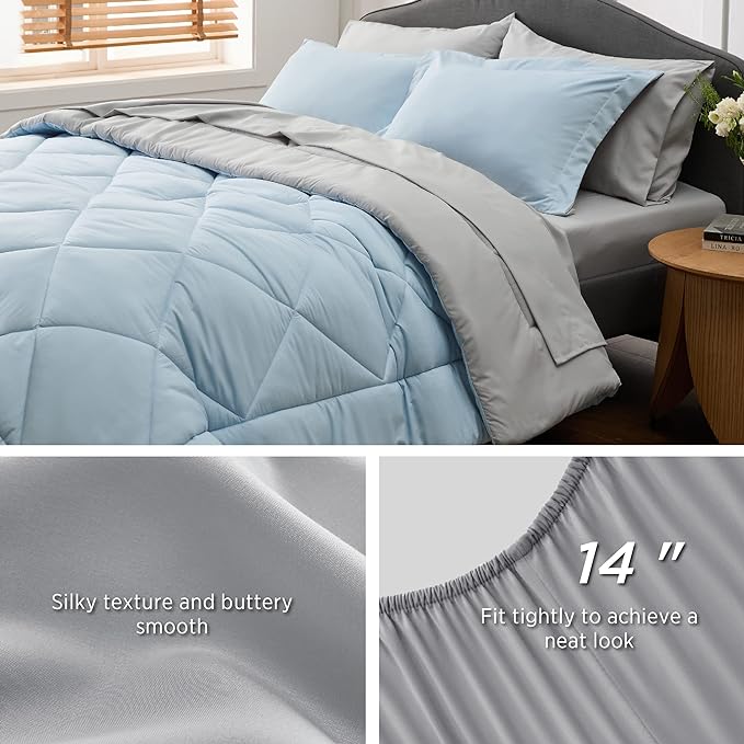 Bedsure Sky Blue Full Size Comforter Set - 7 Pieces Reversible Full Bed in a Bag Full Bed Set with Comforters, Sheets, Pillowcases & Shams, Full Bedding Sets - LeafyLoom