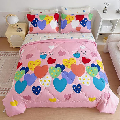 7 Piece Kids Pink Heart Bedding Sets Twin Comforter Set with Sheets - Colourful Reversible Heart Shaped Cute Bedding for Girls Kids - Love Quilt Bed in a Bag All Season - LeafyLoom