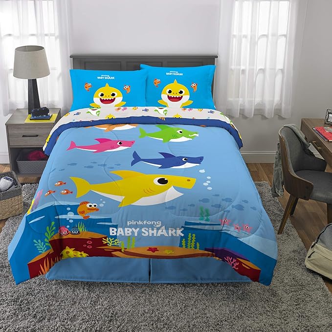 Franco Kids Bedding Super Soft Comforter and Sheet Set, 5 Piece Full Size, Baby Shark - LeafyLoom