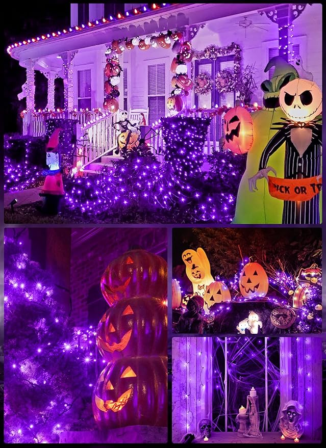 Minetom 2 Pack Solar Halloween Lights Outdoor, Total 80FT 200 LED Halloween String Lights with 8 Modes, Halloween Decoration Outdoor, Waterproof Solar String Lights for Outside Tree Yard Party, Purple Minetom