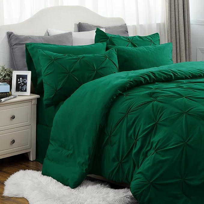 Bedsure California King Comforter Set - Cal King Bed Set 7 Pieces, Pinch Pleat Dark Green Cali King Bedding Set with Comforter, Sheets, Pillowcases & Shams - LeafyLoom