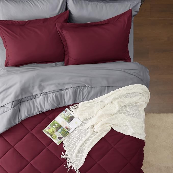 Bedsure Burgundy 7 Piece Reversible Comforter Set - Bed in a Bag with Comforters, Sheets, Pillowcases & Shams - LeafyLoom