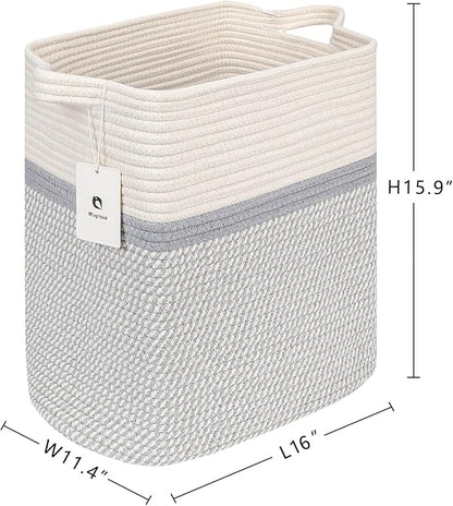 Medium and Large Woven Basket/With Handle, Baskets Laundry Hamper Wicker Tall Cotton Toy Storage Basket,Decorative Basket for Living room,Basket for Toys, 2bag - LeafyLoom