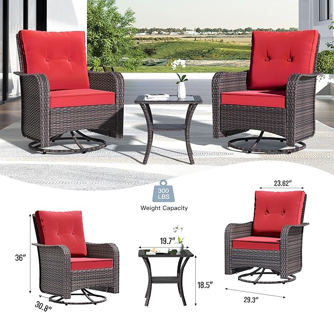 Kullavik 13PCS Outdoor Patio Furniture Set,PE Wicker Rattan Sectional Sofa Patio Conversation Sets with 43" 55000BTU Gas Propane Fire Pit Table,Swivel Rocking Chairs Set,Dark Red - LeafyLoom