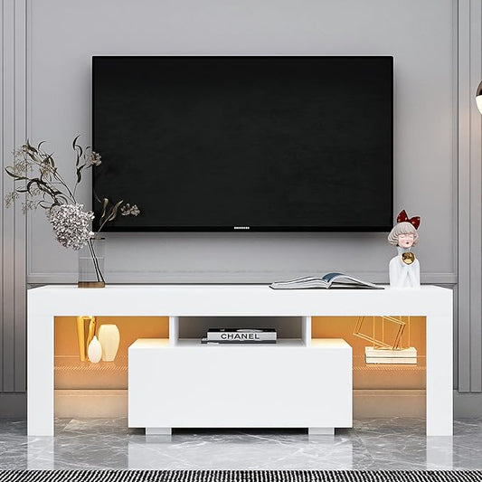 Entertainment Stand Base with LED Light, Multifunctional Media Center Console Table for TVs Up to 55" for Living Room, 51 inch, White - LeafyLoom