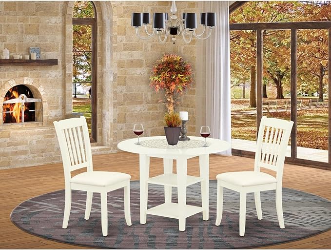 East West Furniture SUDA3-LWH-C 3 Piece Dining Table Set Contains a Round Dining Room Table with Dropleaf & Shelves and 2 Linen Fabric Upholstered Chairs, 42x42 Inch, Linen White - LeafyLoom