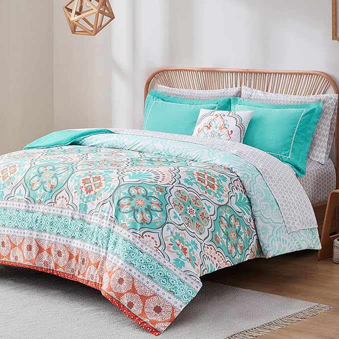 Degrees of Comfort Full Size Comforter Sets with Sheets Floral, Aqua Boho Complete Bedding Set for teen girls, Microfiber 8 Piece Bed in a Bag with Side Pockets, Matching Decorative Pillow - LeafyLoom