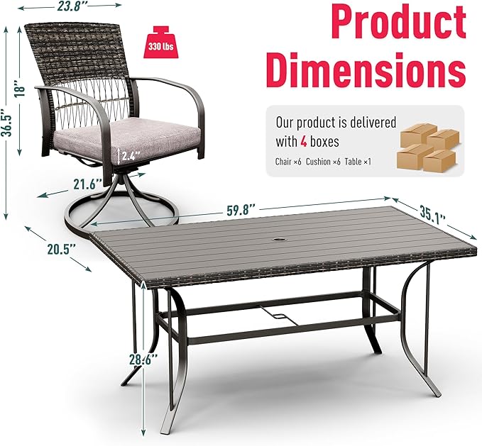 Pamapic 7 Piece Patio Dining Set for 6,Outdoor Wicker Furniture Set for Backyard Garden Deck Poolside with 6 Cushions Swivel Rocker Chairs,Iron Slats Table Top, Removable Cushions(Gray) - LeafyLoom