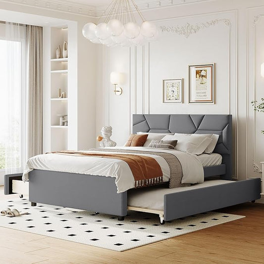 Full Size Linen Upholstered Platform Bed with Twin Size Trundle and 2 Drawers,Bedroom Bed Frame w/Brick Pattern Headboard,Wooden Slats Supproted,for Teens Kids Adults,Gray - LeafyLoom