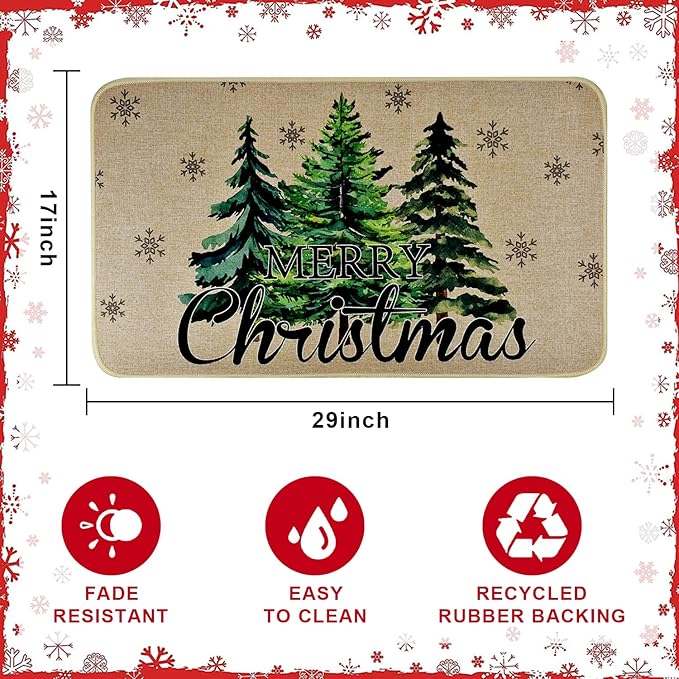 Merry Christmas Door Mat ,Pine Trees Snowflakes Welcome Doormat for Front Door,Non-Slip Winter Xmas Holiday Front Porch Rugs, Indoor Outdoor Entry Doormats Low-Profile Floor Mats,29 x 17 Inch Vanleonet