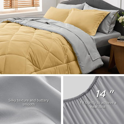 Bedsure Yellow Twin XL Comforter Set - 5 Pieces Reversible Twin XL Bed in a Bag Twin XL Bed Set with Comforters, Sheets, Pillowcase & Sham, Twin XL Bedding Sets - LeafyLoom