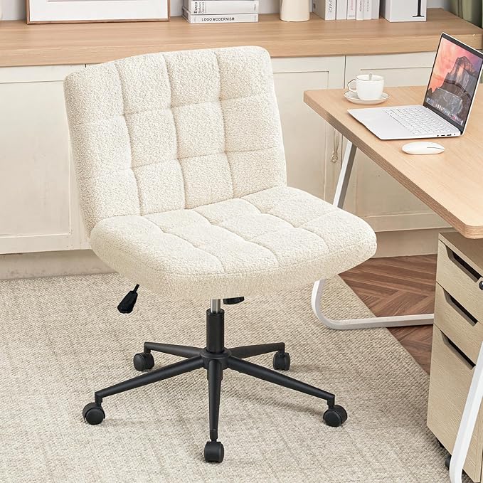 Furniliving Wide Desk Chair, Faux Fur Upholstered Office Chair with Wheels, Adjustable Accent Chair with Thicken Seat, Computer Chair for Living Room, Study Room, Home Office, IvoryWhite - LeafyLoom