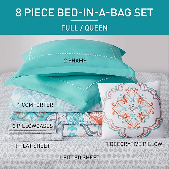 Degrees of Comfort Full Size Comforter Sets with Sheets Floral, Aqua Boho Complete Bedding Set for teen girls, Microfiber 8 Piece Bed in a Bag with Side Pockets, Matching Decorative Pillow - LeafyLoom