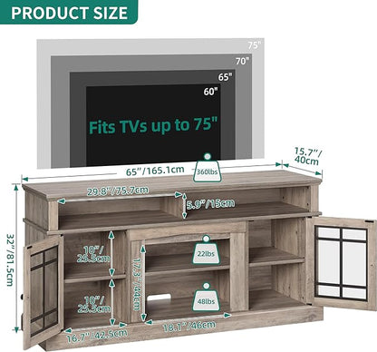 YITAHOME Modern TV Stand for 75 Inch TV with LED Lights, 32'' Tall Mid Century Modern TV Cabinet w/Adjustable Shelves & Glass Doors, Entertainment Center Media Console Table for Living Room, Grey Wash - LeafyLoom