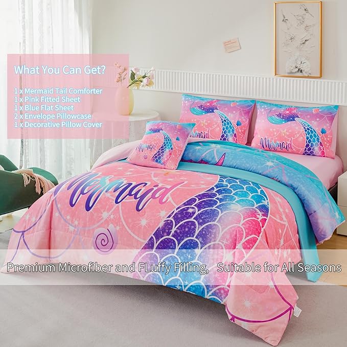 RYNGHIPY Mermaid Kids Girls Comforter Set Twin Size Pink Blue Gradient Fish Tail Bed in a Bag - includes Comforter & Sheet Set for Teens Girls Super Soft Kids Bedding - LeafyLoom