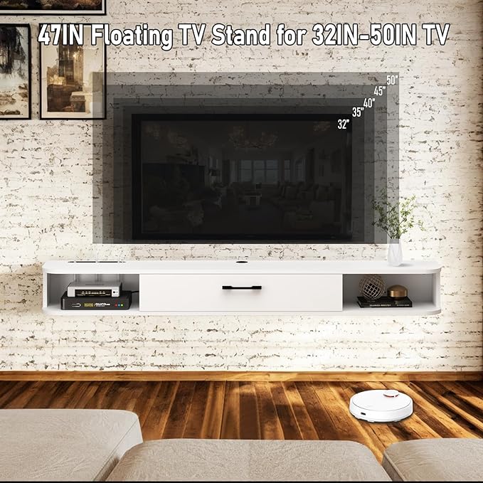 Floating TV Unit, 47'' Wall Mounted TV Cabinet, Floating Shelves with Door, Modern Entertainment Media Console Center Large Storage TV Bench for Living Room & Office (47.24IN, White) - LeafyLoom