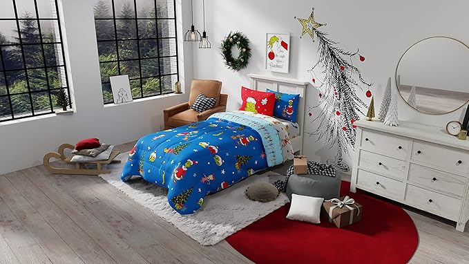 Franco Grinch by Dr. Seuss Holiday & Christmas Bedding Soft Comforter and Sheet Set with Sham, 5 Piece Twin Size, (Official Dr. Seuss Product) - LeafyLoom