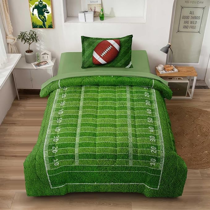 Football Comforter Set Twin Size for Teen Boys, Kids Football Field Bedding Green Themed Bedroom Set with Sheets, Twin Bed in a Bag Set - LeafyLoom