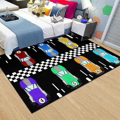 Race Car Rug Kids Play Area Rugs Race Car Track Rug Kids Rug with Roads and Tracks Car Track Carpet Car Rug for Boys Room Race Car Room Decor for Boys,Black 5'×7' - LeafyLoom