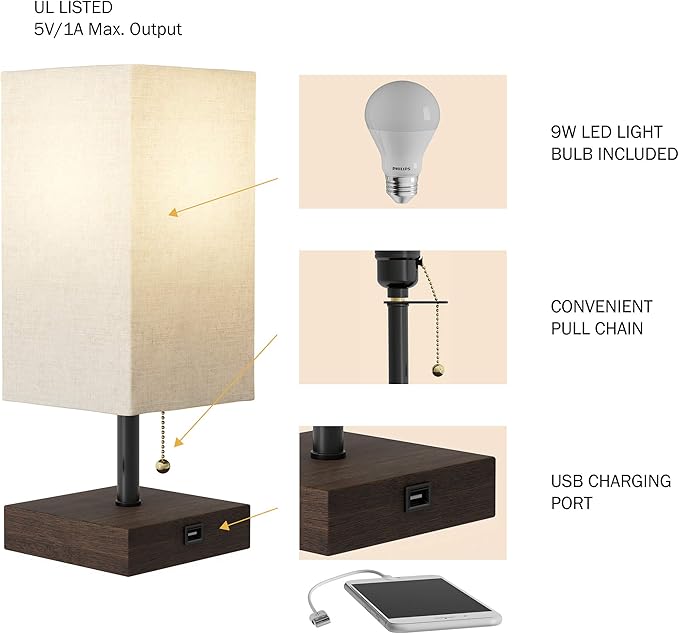 Lavish Home LED Desk Lamp with USB Charging Port - Small Bedside Table Light for Reading - Bedroom, Living or Dining Room, Dorm Decor (Linen/Brown) - LeafyLoom