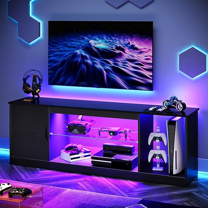 Bestier LED TV Stand for 55/60/65 Inch TV, Gaming Entertainment Center with Cabinet for PS5, Modern TV Cabinet with Adjustable Glass Shelves for Living Room, Bedroom 58 Inch,Black - LeafyLoom