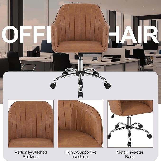 Yaheetech Modern Faux Leather Desk Chair Height Adjustable Task Chair Swivel Office Chair Makeup Chair Computer Chair Mid Back Chair Living Room Chairs with Arms Retro Brown - LeafyLoom