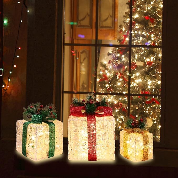 [Large 10"x8.5"x6.5" Christmas Set of 3 Lighted Clear Acrylic Gift Boxes Decorations Pre-lit 70 Super-Bright LED with Flashers,for Indoor Outdoor Pathway Holiday Party Home(Warm White) GLOWNOVA