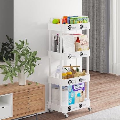 4-Tier Storage Cart,Multifunction Utility Rolling Cart Kitchen Storage Organizer,Mobile Shelving Unit Cart with Lockable Wheels for Bathroom,Laundry,Living Room,With Classified Stickers,White - LeafyLoom