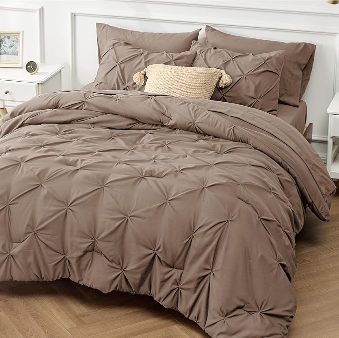 Bedsure King Size Comforter Set - Bedding Set King 7 Pieces, Pintuck Bed in a Bag Brown Bed Set with Comforter, Sheets, Pillowcases & Shams - LeafyLoom