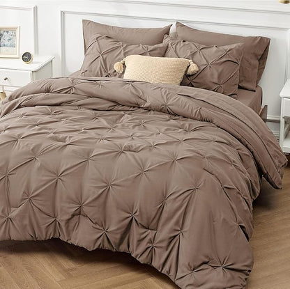 Bedsure King Size Comforter Set - Bedding Set King 7 Pieces, Pintuck Bed in a Bag Brown Bed Set with Comforter, Sheets, Pillowcases & Shams - LeafyLoom