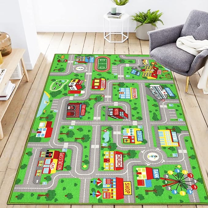 Kids Playroom Rug City Life Playmat Kids Rug for Hot Wheels Car 5.2'x3'3" City Map Traffic Road Learning Educational Area Rug Carpet for Children Bedroom Nursery Room Game - LeafyLoom