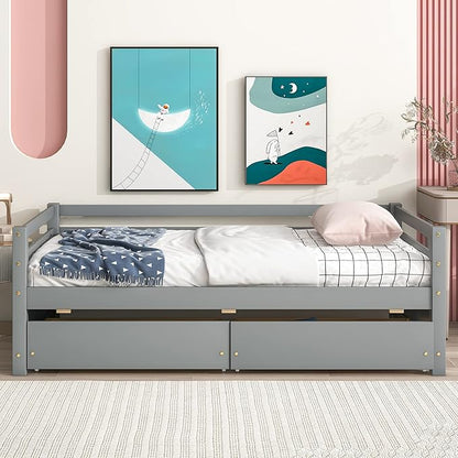 Twin Daybed with 2 Storage Drawers,Pinewood Twin Size Daybed Frame with Guardrail,for Boys/Girls/Teens Bedroom, Easy to Assemble, No Box Spring Needed,Grey - LeafyLoom