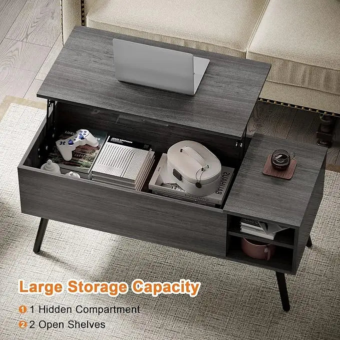 Lift Top Coffee Table with Storage - Grey Coffee Table with Lifting Top - Dark Gray Coffee Table Wood - Rectangle Coffee Tables That Lifts up for Living Room - LeafyLoom