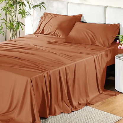 Bedsure Full Size Sheets, Cooling Sheets Full, Rayon Derived from Bamboo, Deep Pocket Up to 16", Breathable & Soft Bed Sheets, Hotel Luxury Silky Bedding Sheets & Pillowcases, Burnt Orange - LeafyLoom